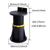 Stelzlager für WPC-Dielen 100–175 mm mit Maßangaben und Verstellbereich