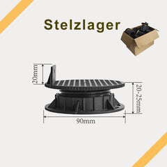 Schwarzes Stelzlager mit einem Verstellbereich von 20 bis 25 mm, 90 mm Durchmesser und 20 mm hoher Befestigungslasche.