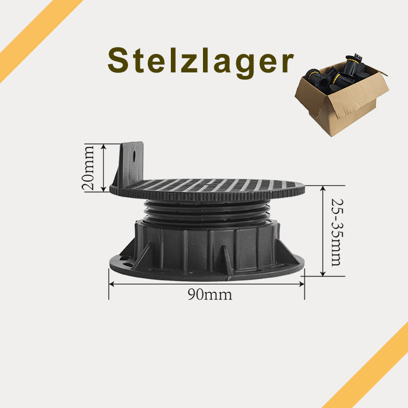 Schwarzes Stelzlager mit einem Verstellbereich von 25 bis 35 mm, 90 mm Durchmesser und 20 mm hoher Befestigungslasche.