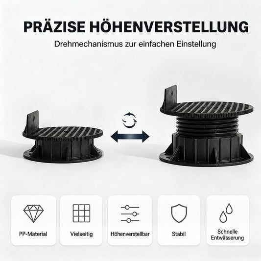 Infografik zur Höhenverstellung eines Stelzlagers durch Drehen, mit Hinweisen zu Material und Eigenschaften.