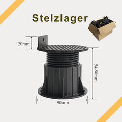 Schwarzes Stelzlager mit einem Verstellbereich von 54 bis 90 mm, 90 mm Durchmesser und 20 mm hoher Befestigungslasche.