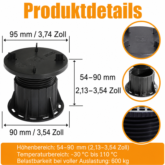 Produktdetails des höhenverstellbaren Stelzlagers 54–90 mm mit 95-mm-Kopfplatte und 90-mm-Basis⠋