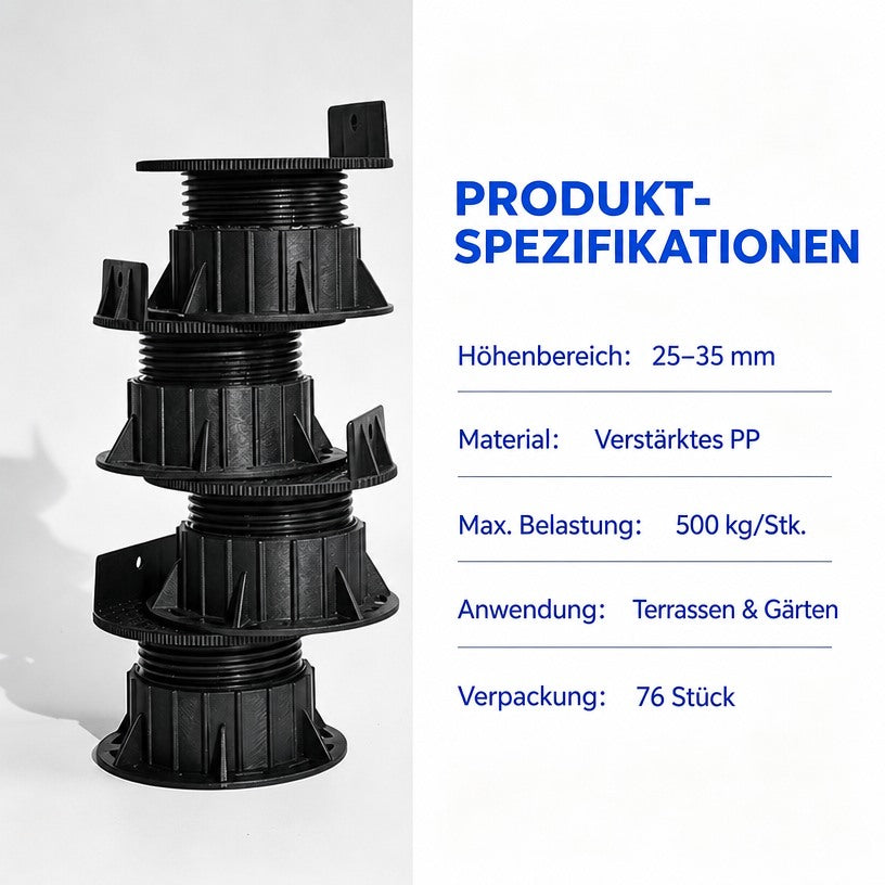 Produktgrafik mit vier höhenverstellbaren Stelzlagern und einer Übersicht zu Höhenbereich, Material, Traglast, Einsatzbereich und Verpackungsmenge.