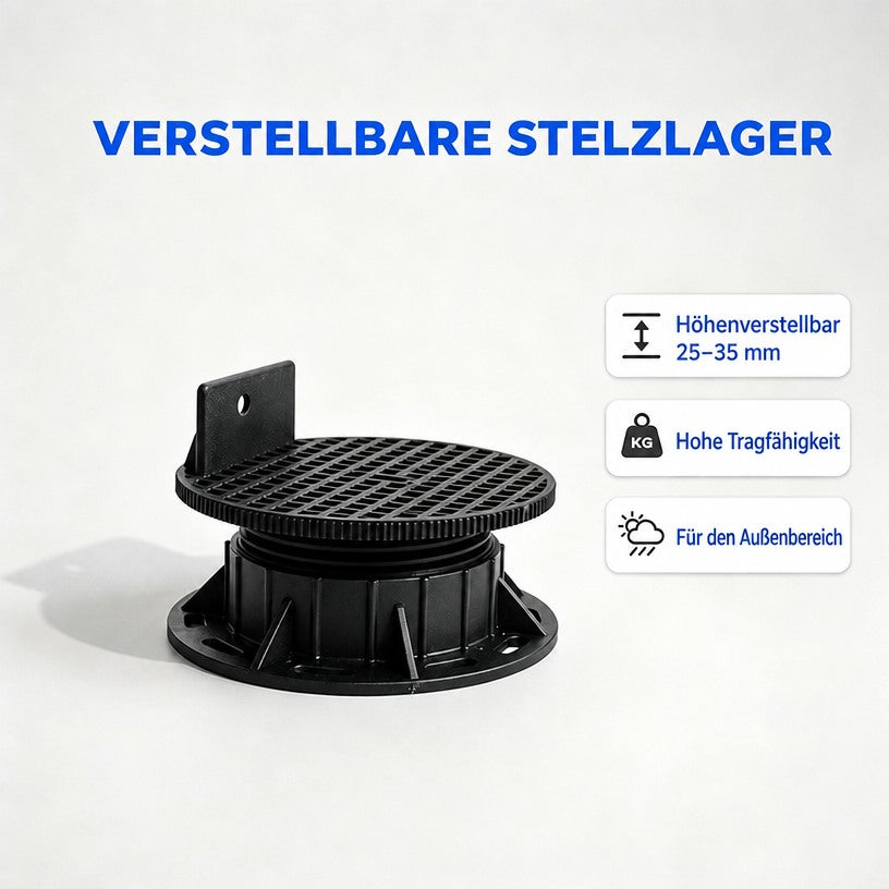 Schwarzes höhenverstellbares Stelzlager für den Außenbereich, laut Grafik mit einem Verstellbereich von 25 bis 35 mm.