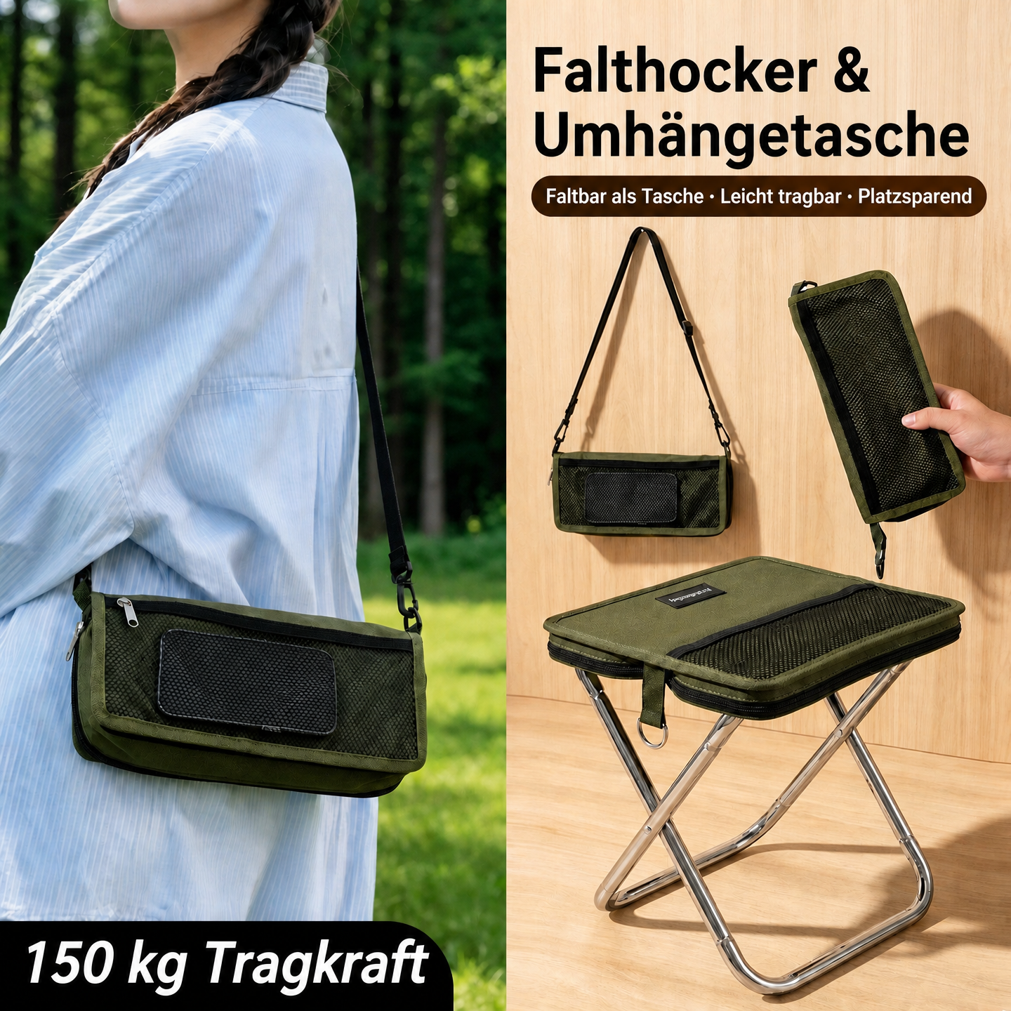 Schwarzer faltbarer Campingstuhl mit Tragetasche, Seitentasche und niedriger Rückenlehne im Outdoor-Einsatz