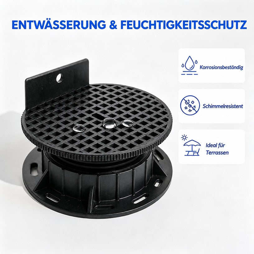 Stelzlager mit Wassertropfen auf der Auflagefläche; Infografik zu Entwässerung und Feuchtigkeitsschutz.