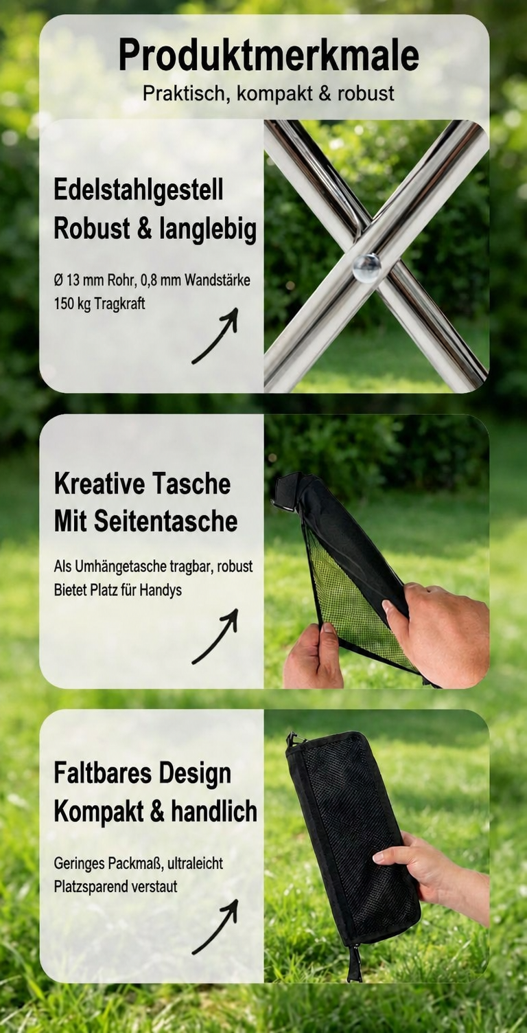 Produktübersicht des faltbaren Campingstuhls mit Edelstahlgestell, Tragetasche, Faltfunktion und einer Tragkraft bis 150 Kilogramm