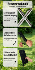 Produktübersicht des faltbaren Campingstuhls mit Edelstahlgestell, Tragetasche, Faltfunktion und einer Tragkraft bis 150 Kilogramm