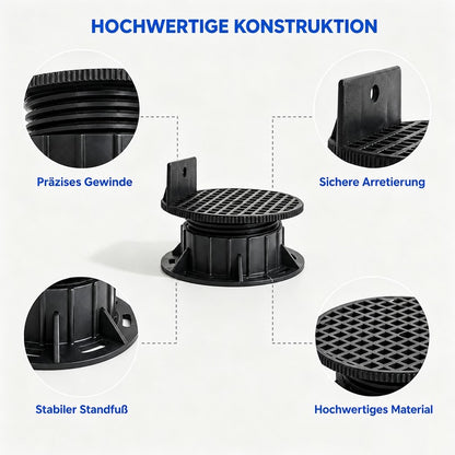 Detailgrafik eines Stelzlagers mit präzisem Gewinde, Sicherungslasche, stabiler Basis und strukturierter Auflagefläche.