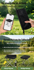 Zusammengefalteter schwarzer Campingstuhl im Vergleich zu einem Smartphone für den einfachen Transport