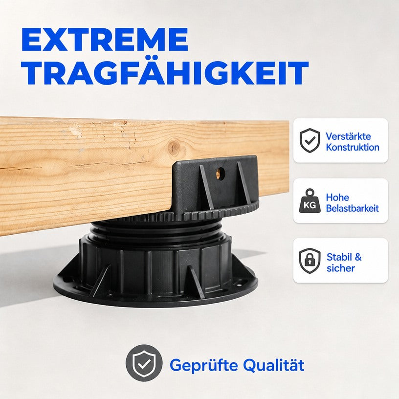 Stelzlager trägt einen Holzbalken; Infografik zur verstärkten Konstruktion, Tragfähigkeit und Stabilität.