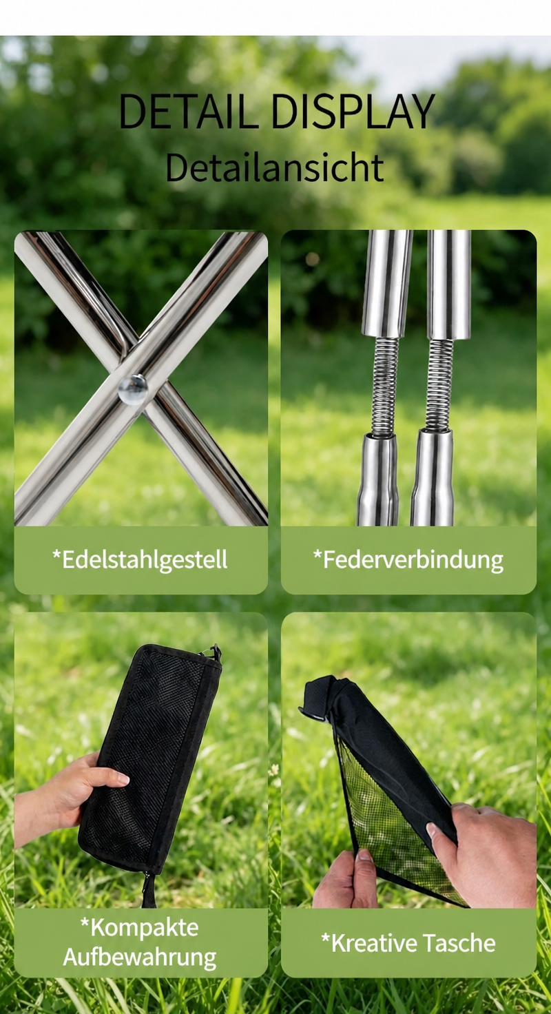 Anwendungsbeispiele für den faltbaren Campingstuhl bei Spaziergängen, beim Malen, bei Outdoor-Aktivitäten und in Warteschlangen