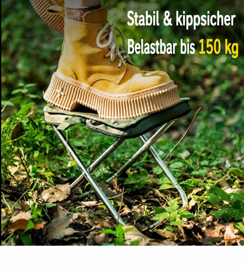 Detailübersicht des faltbaren Campingstuhls mit Edelstahlgestell, Federverbindungen, kompakter Aufbewahrung und Tragetasche