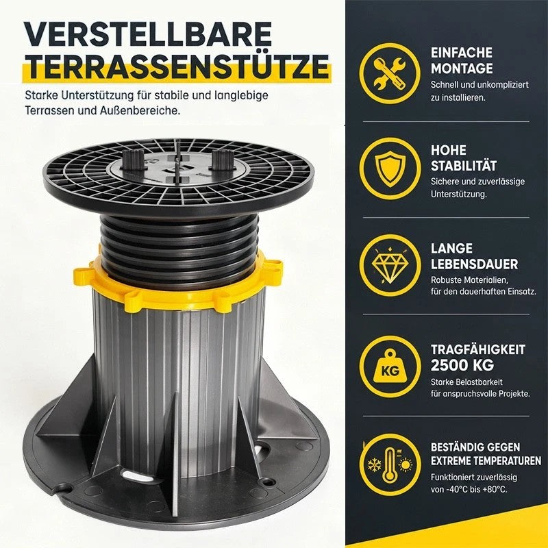 Höhenverstellbares Stelzlager für Terrassenplatten mit runder Auflagefläche und schwarzem Standfuß