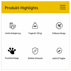Übersicht der Produktmerkmale mit Aluminiumgestell, 150 Kilogramm Belastbarkeit, Faltfunktion, Froschfuß-Design und geringem Gewicht