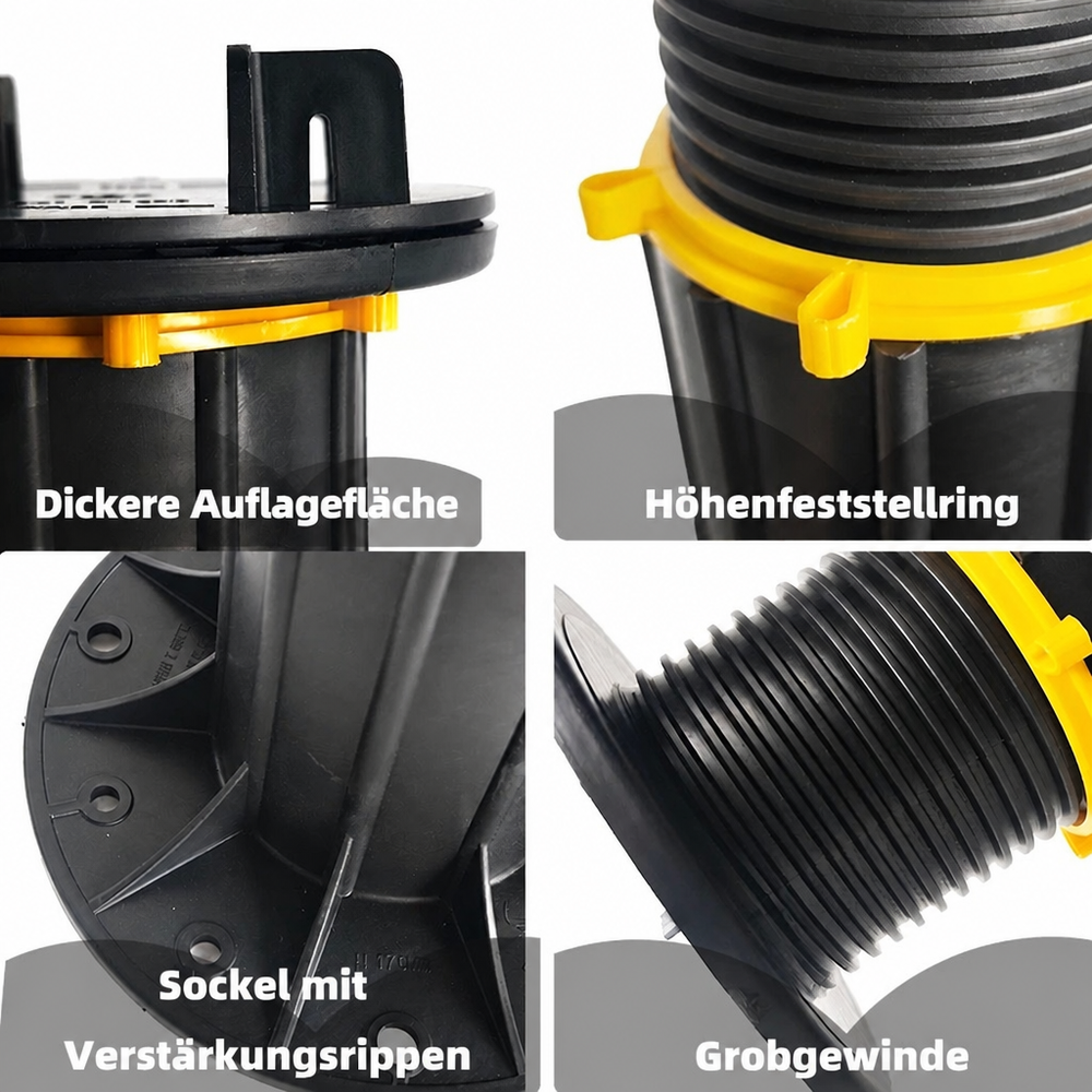 Detailansicht eines höhenverstellbaren Stelzlagers mit Auflagefläche, Verstellring, Verstärkungsrippen und Grobgewinde