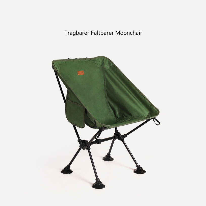 Grüner faltbarer Outdoor-Sessel mit niedrigem Rücken und schwarzem Aluminiumgestell auf hellem Hintergrund