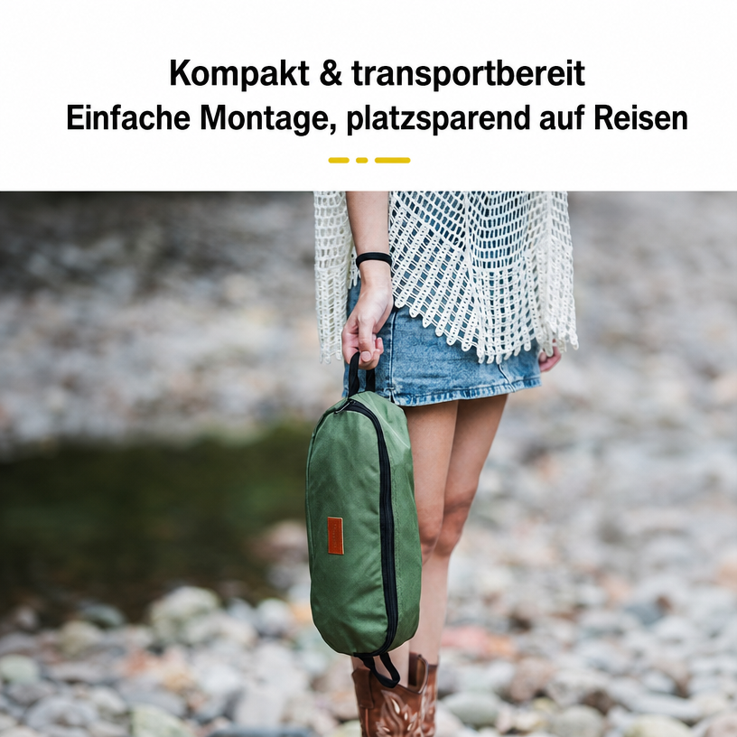 Person trägt die grüne Transporttasche des faltbaren Outdoor-Sessels auf einem Kiesweg