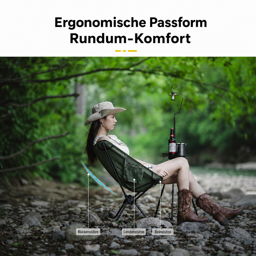 Person sitzt entspannt im grünen Outdoor-Sessel mit ergonomischer Sitzform im Wald