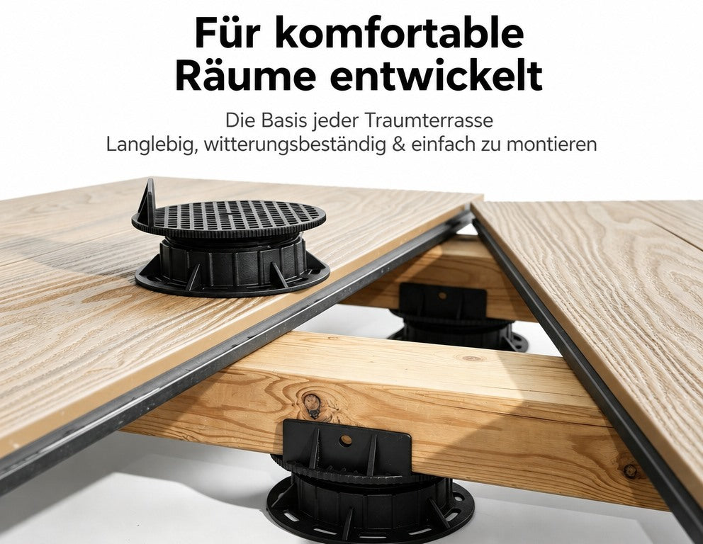 Stelzlager tragen die Holzbalken unter einer Holzterrasse und schaffen Abstand zum Untergrund.
