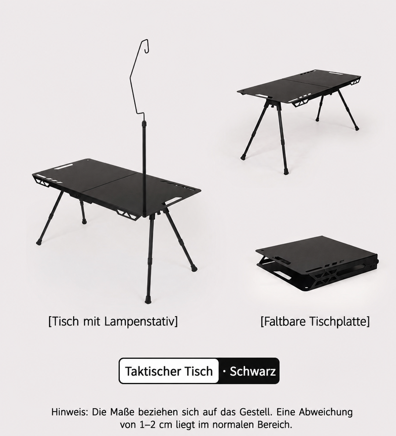 Schwarzer faltbarer Campingtisch mit abnehmbarem Lampenstativ, aufgebauter Tischplatte und kompakt gefalteter Tischplatte