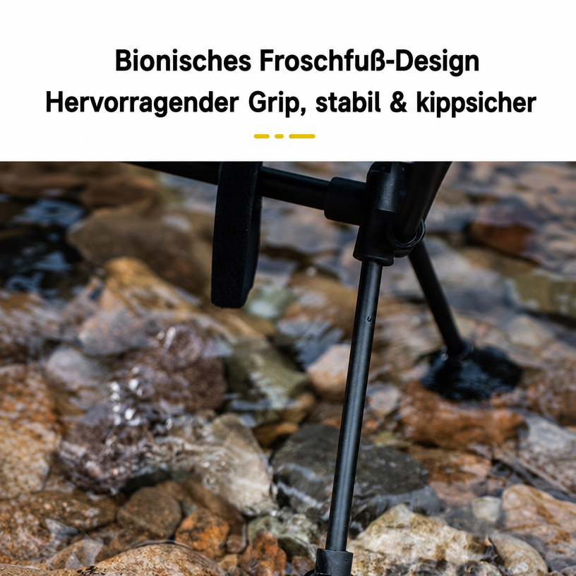 Detail der Froschfuß-Kappen des Outdoor-Sessels auf einem steinigen Bachbett