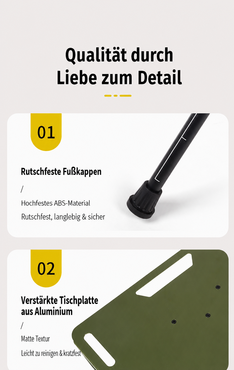 Detailübersicht des faltbaren Campingtisches mit rutschfesten Fußkappen, verstärkter Aluminiumtischplatte, integrierten Teleskopbeinen und praktischem Tragegriff