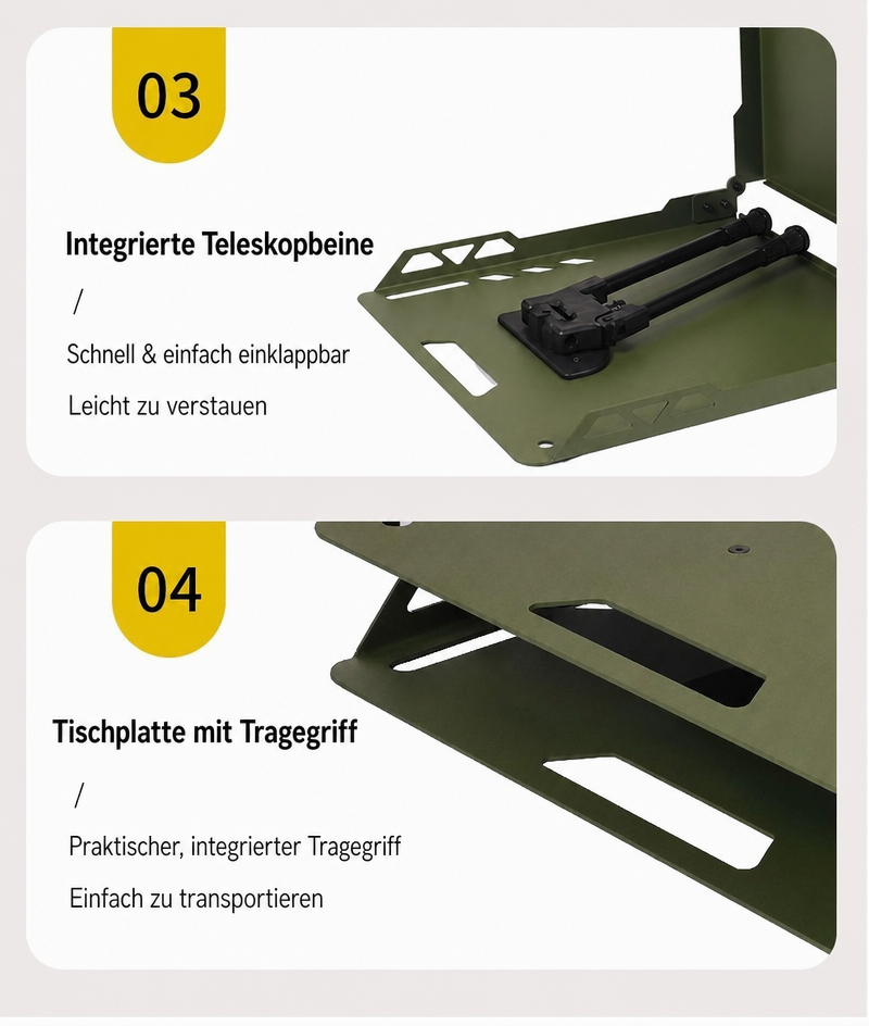 Detailansicht der integrierten Teleskopbeine und des praktischen Tragegriffs an der faltbaren Aluminiumtischplatte