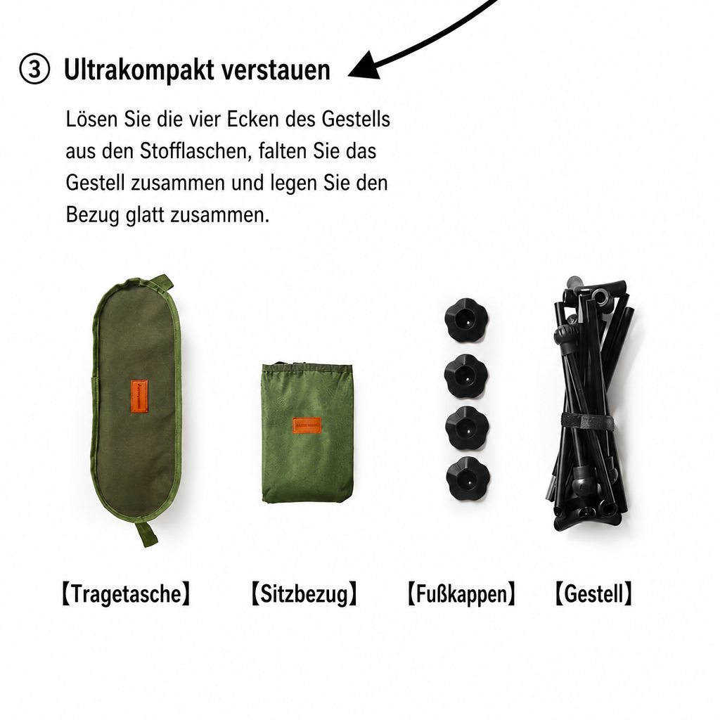 Lieferumfang mit Transporttasche, Sitzbezug, Fußkappen und zusammengefaltetem Aluminiumgestell