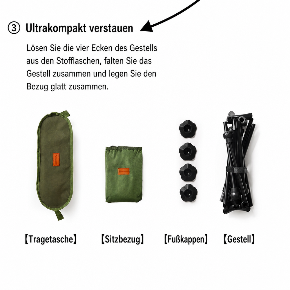 Lieferumfang mit Transporttasche, Sitzbezug, Fußkappen und zusammengefaltetem Aluminiumgestell