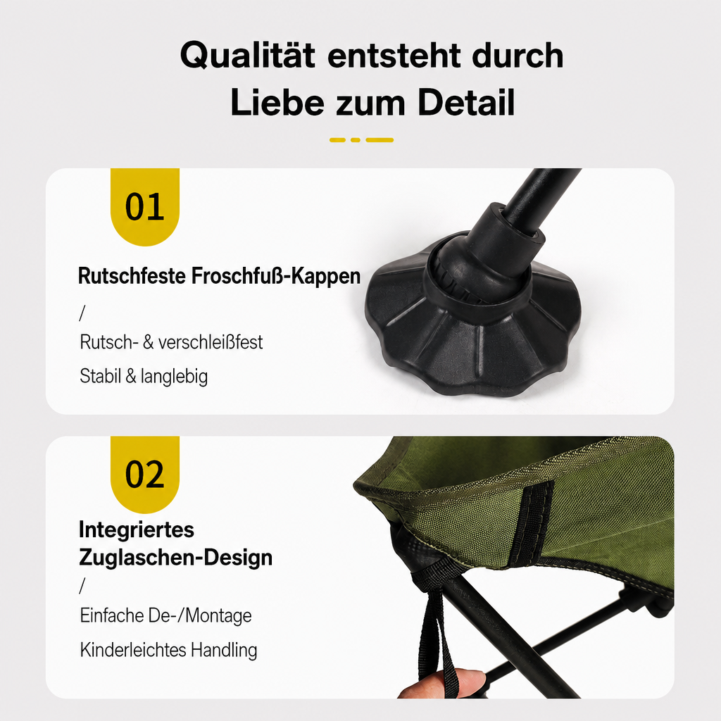 Detailansicht der rutschfesten Froschfuß-Kappe und der integrierten Zuglasche am Sitzbezug