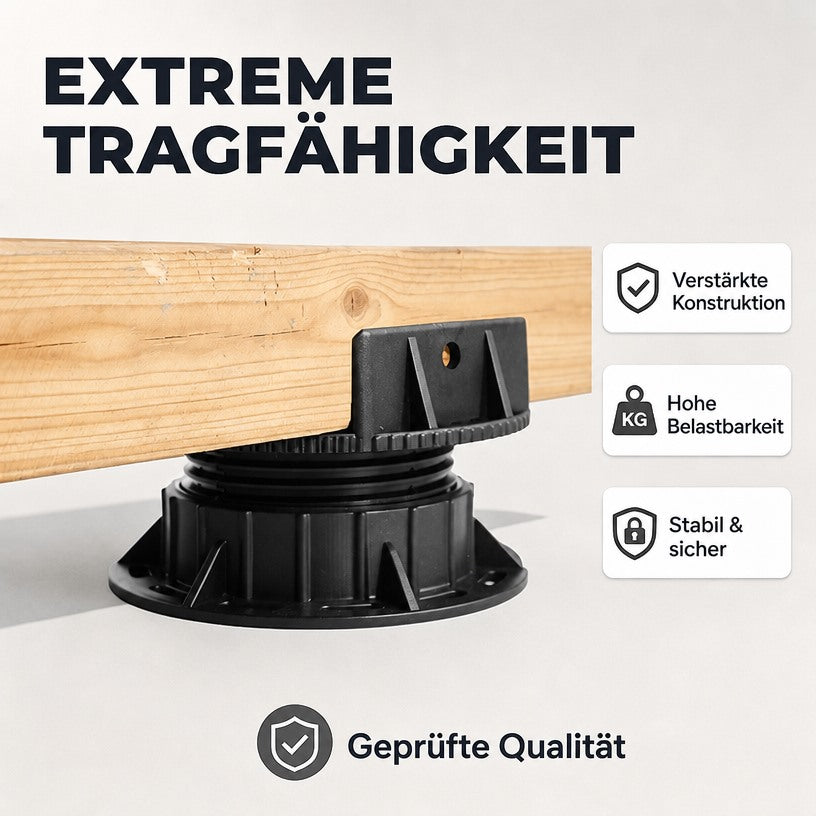 Stelzlager stützt einen Holzbalken; Infografik mit Hinweisen auf verstärkte Konstruktion und Stabilität.