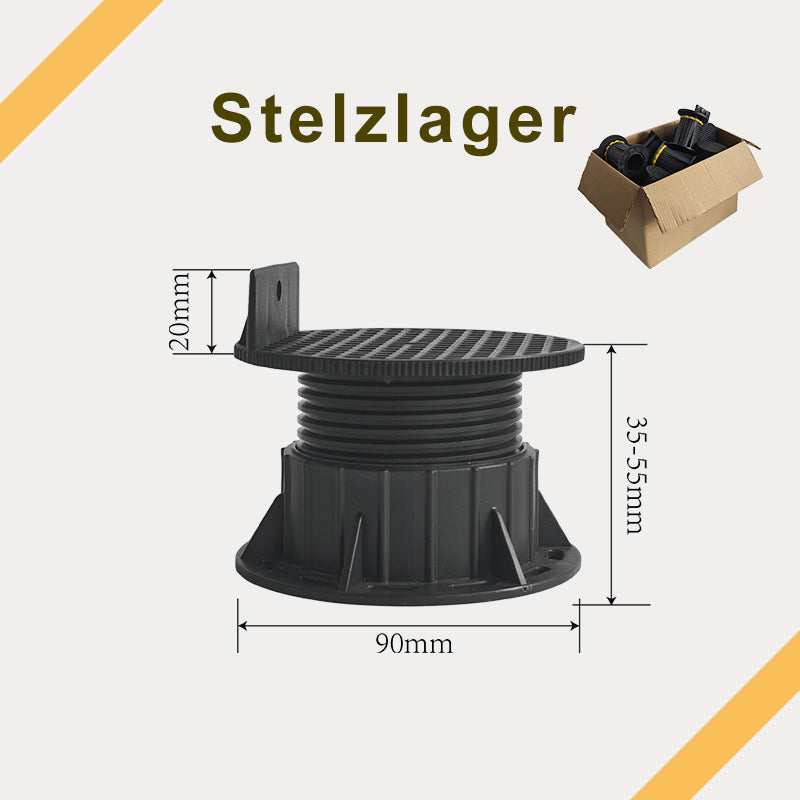 Schwarzes Stelzlager mit einem Verstellbereich von 35 bis 55 mm, 90 mm Durchmesser und 20 mm hoher Befestigungslasche.