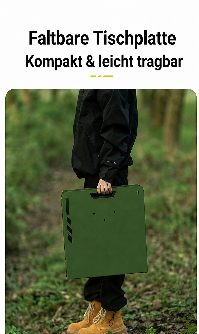 Person trägt die grüne faltbare Tischplatte des Campingtisches kompakt zusammengeklappt im Wald