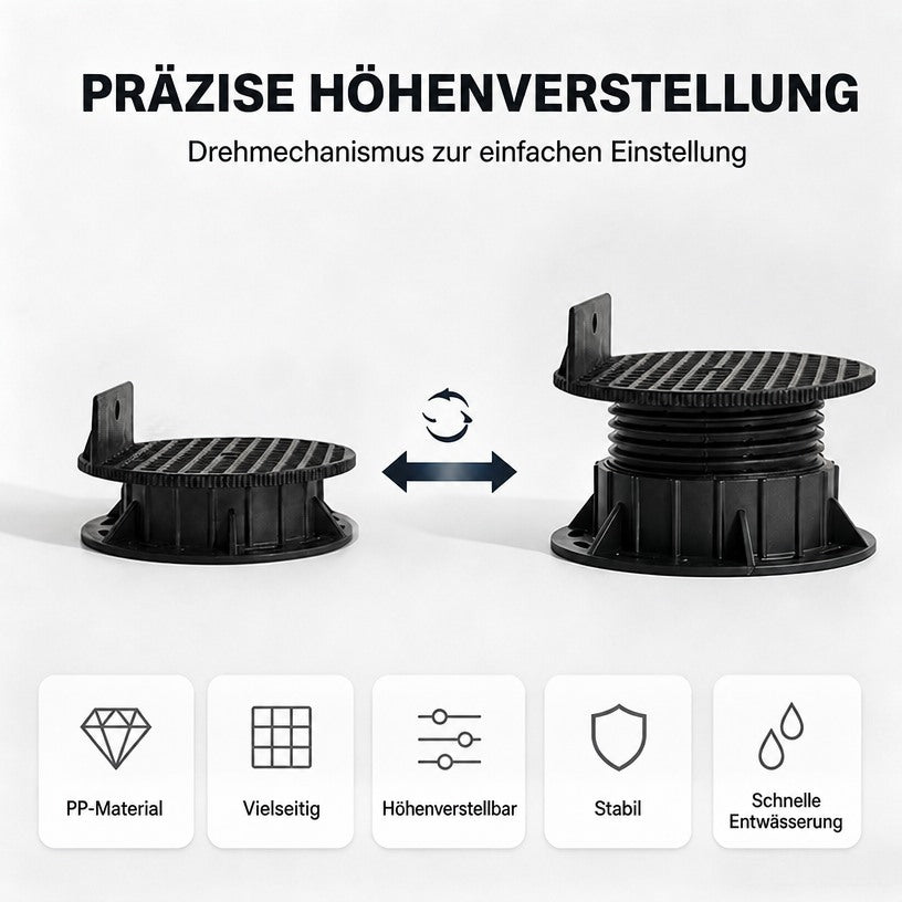 Infografik zur Höhenverstellung eines Stelzlagers durch Drehen, mit Hinweisen zu Material und Eigenschaften.