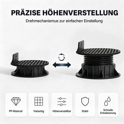 Infografik zur Höhenverstellung eines Stelzlagers durch Drehen, mit Hinweisen zu Material und Eigenschaften.