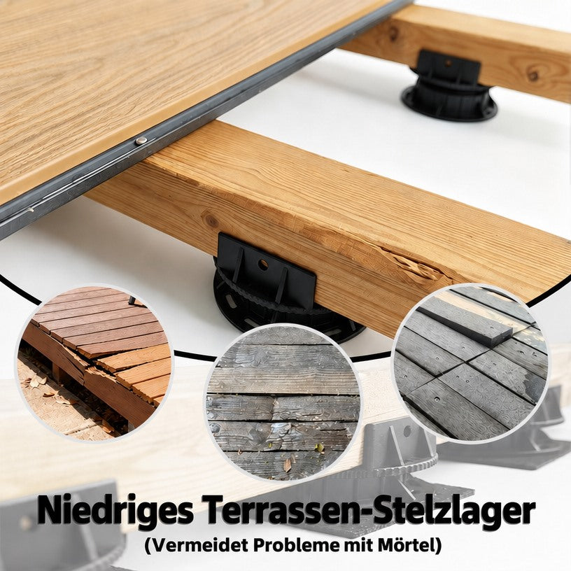 Ansicht einer Terrassen-Unterkonstruktion mit Stelzlager unter einem Holzbalken; Beispiele verschiedener Terrassenoberflächen.