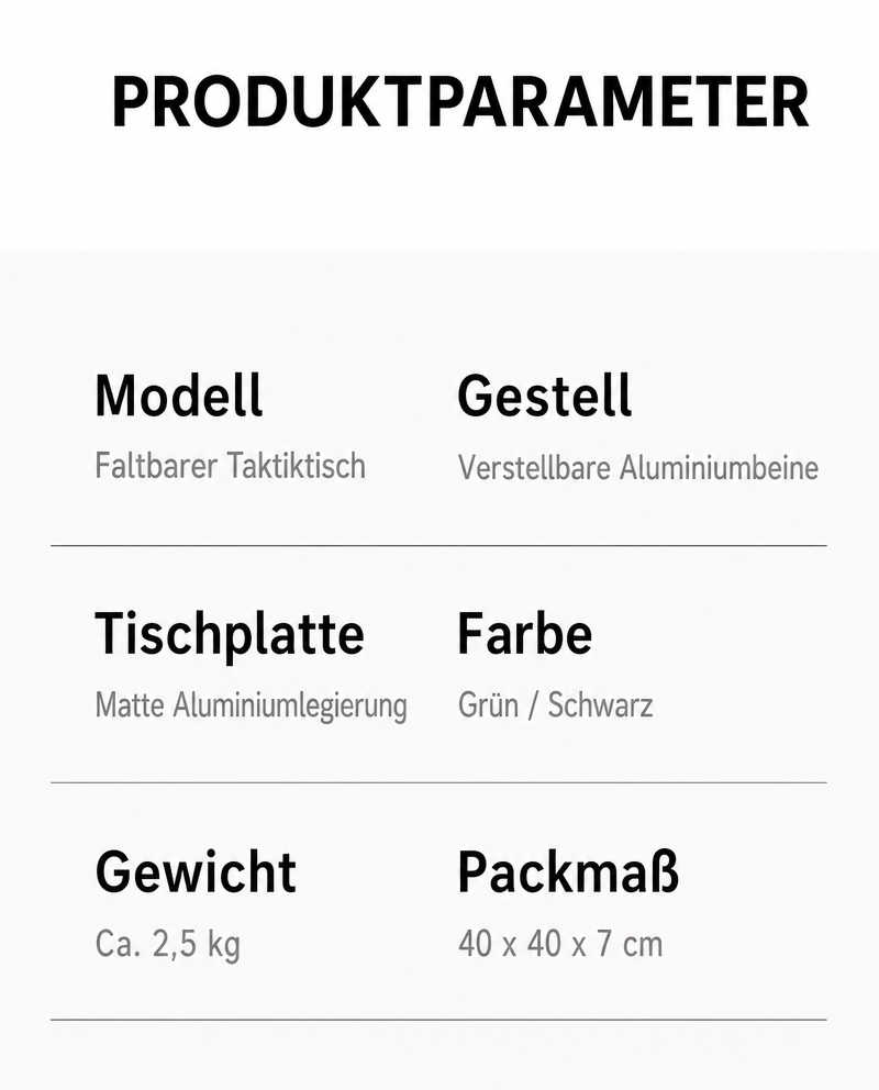 Produktparameter des faltbaren Campingtisches mit verstellbaren Aluminiumbeinen, grüner und schwarzer Farbvariante, 2,5 Kilogramm Gewicht und kompaktem Packmaß