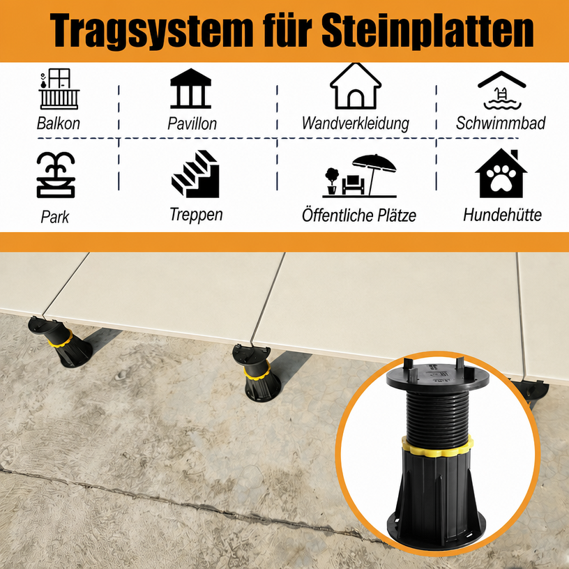 Stelzlager für Keramikplatten 100–175 mm – Maßangaben: 3,94–6,89 Zoll, Ø90 mm, 600 kg Belastbarkeit