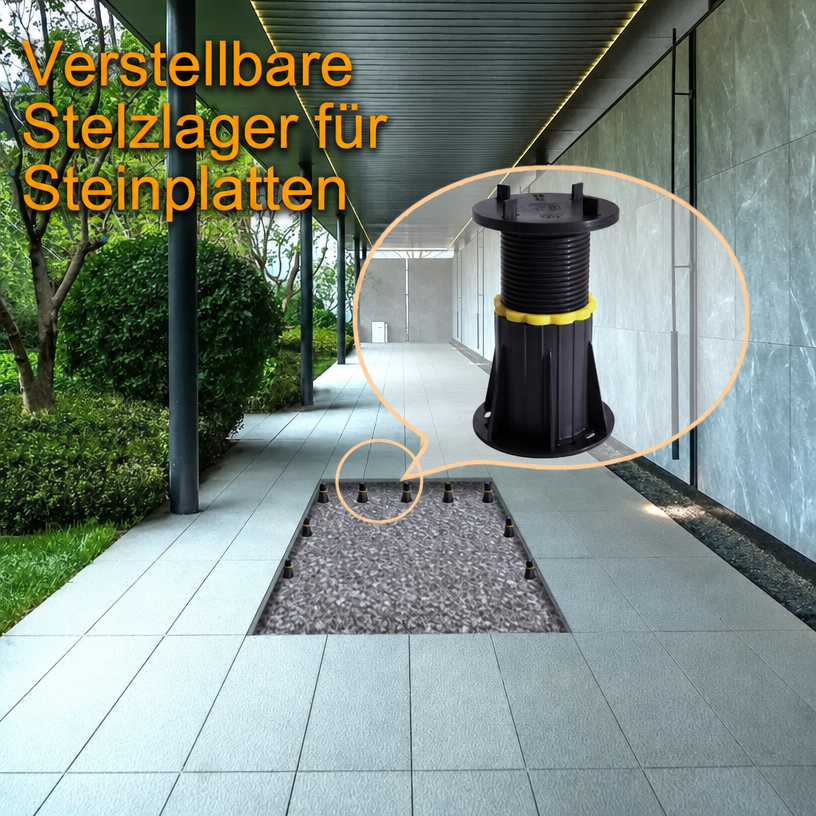 Verstellbare Stelzlager für Keramikplatten 100–175 mm – Einsatz auf modernem Innenhof mit Steinplatten
