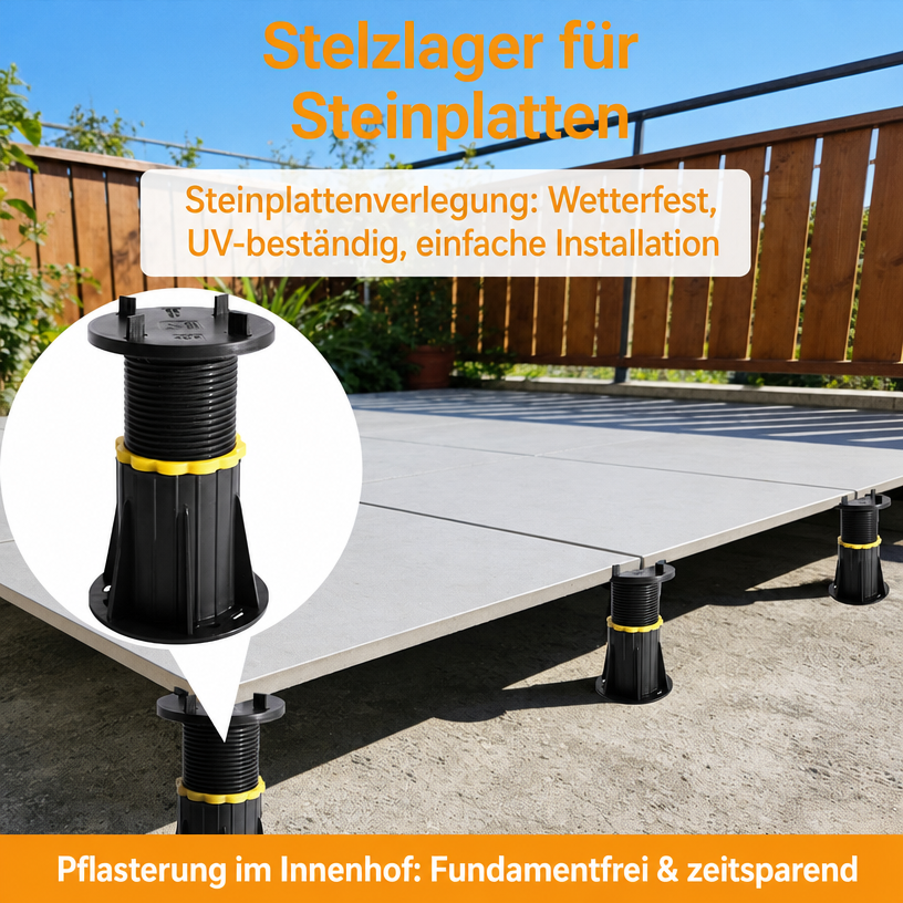 Stelzlager für Keramikplatten 100–175 mm – Steinplattenverlegung wetterfest, UV-beständig, fundamentfrei im Innenhof