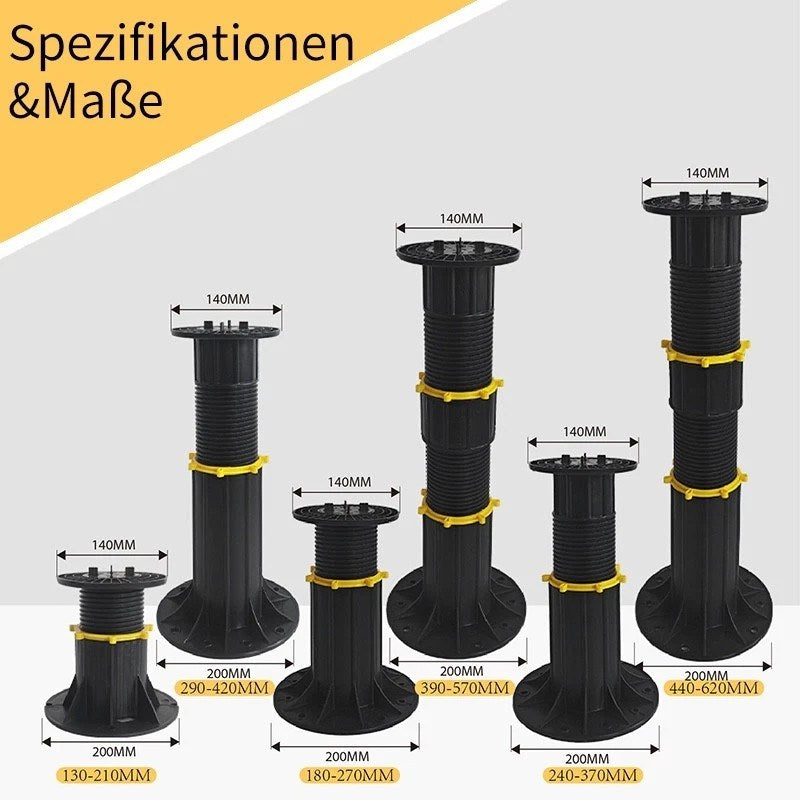 Höhenverstellbare Stelzlager unter angehobenen Terrassenplatten während der Verlegung